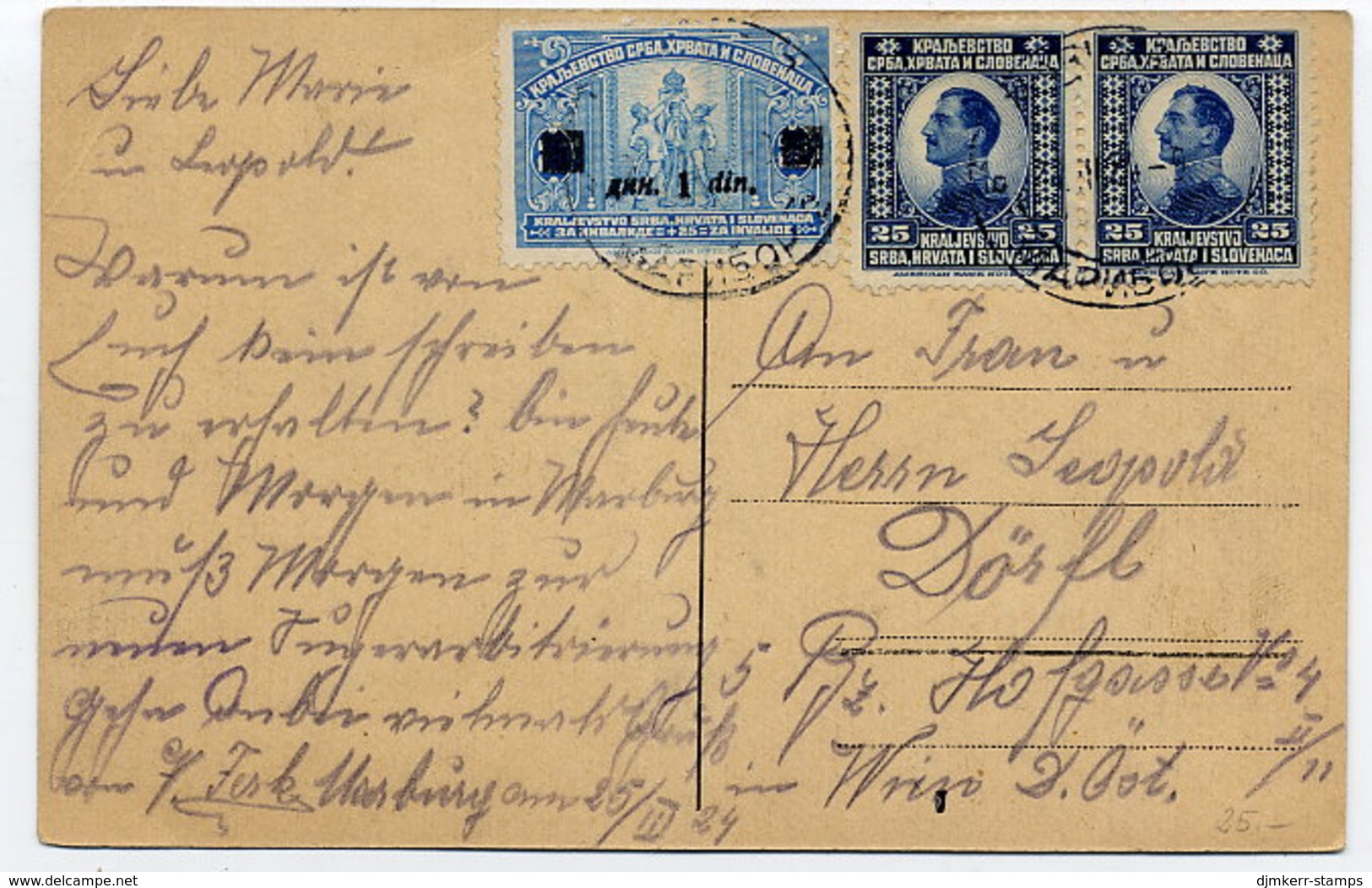 YUGOSLAVIA 1924 Picture Postcard (Maribor) With 25 Pa. X 2, And 1 D. Surcharge. - Lettres & Documents