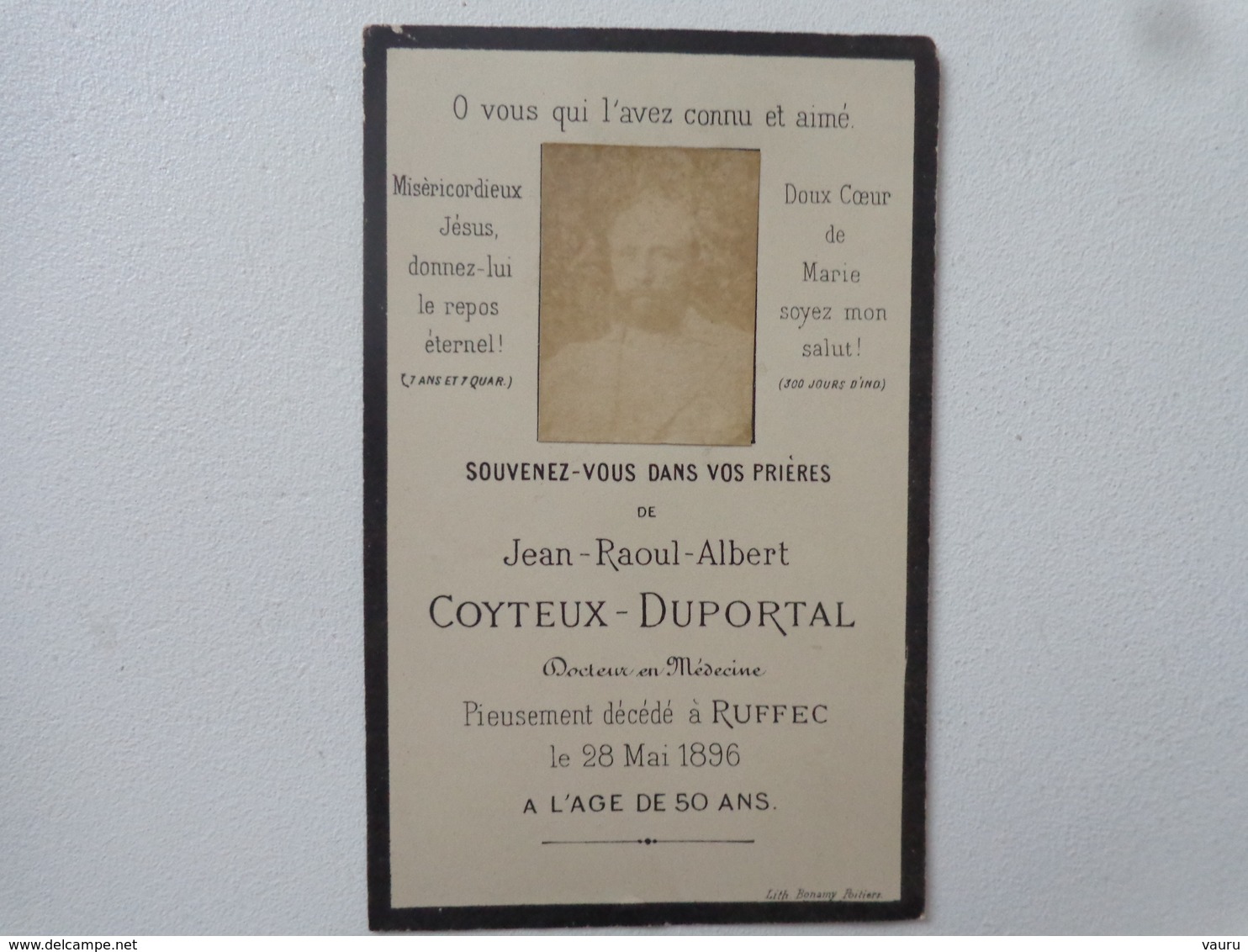 FAIRE PART DE DÉCÈS  JEAN RAOUL ALBERT  COYTEUX DUPORTAL DOCTEUR DECEDE LE 28 MAI 1896 A RUFFEC - Décès