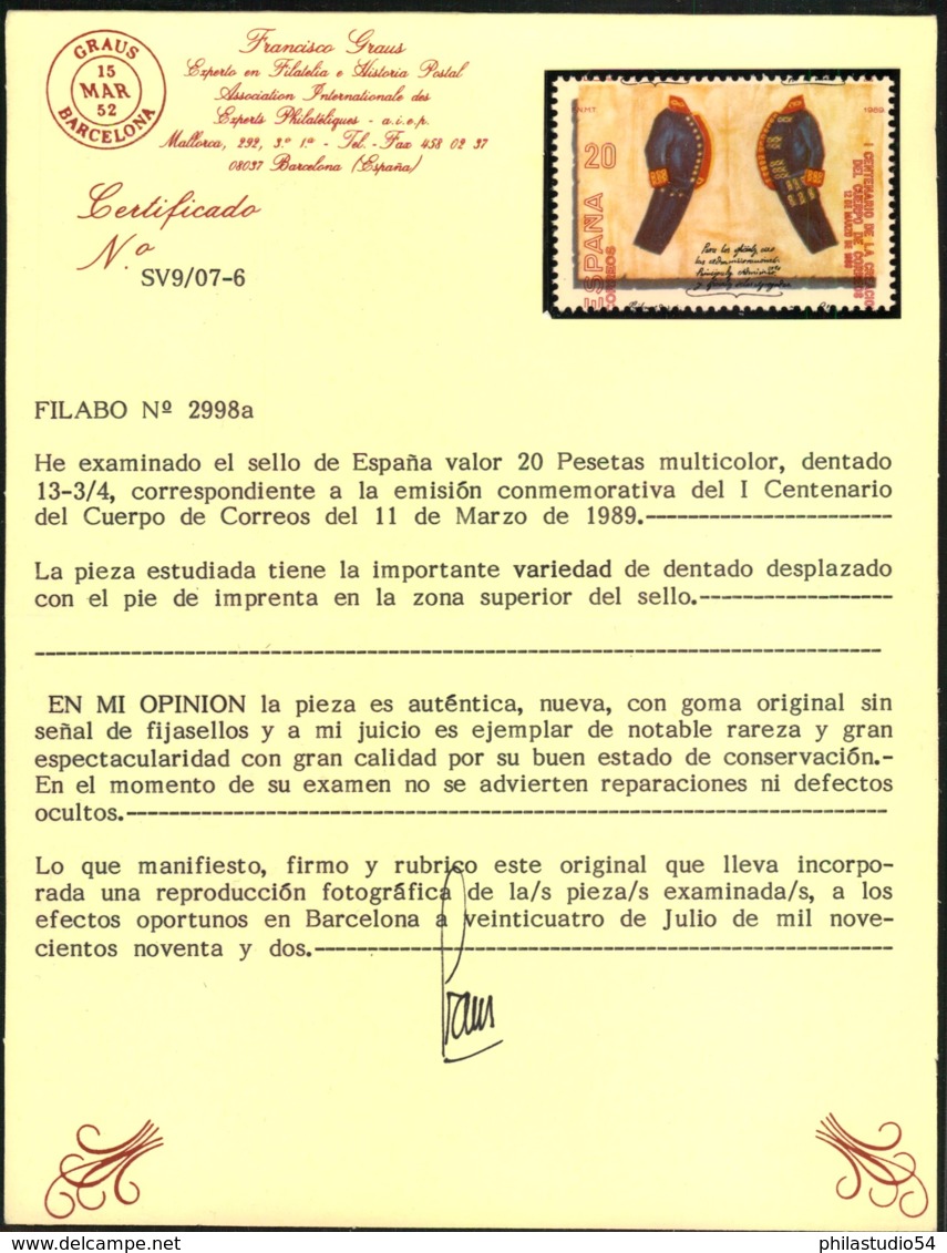 1989, 20 Pta. "Centenario Del Cuerpo De Correos - Shifted Red - Expertised Graus - Plaatfouten & Curiosa