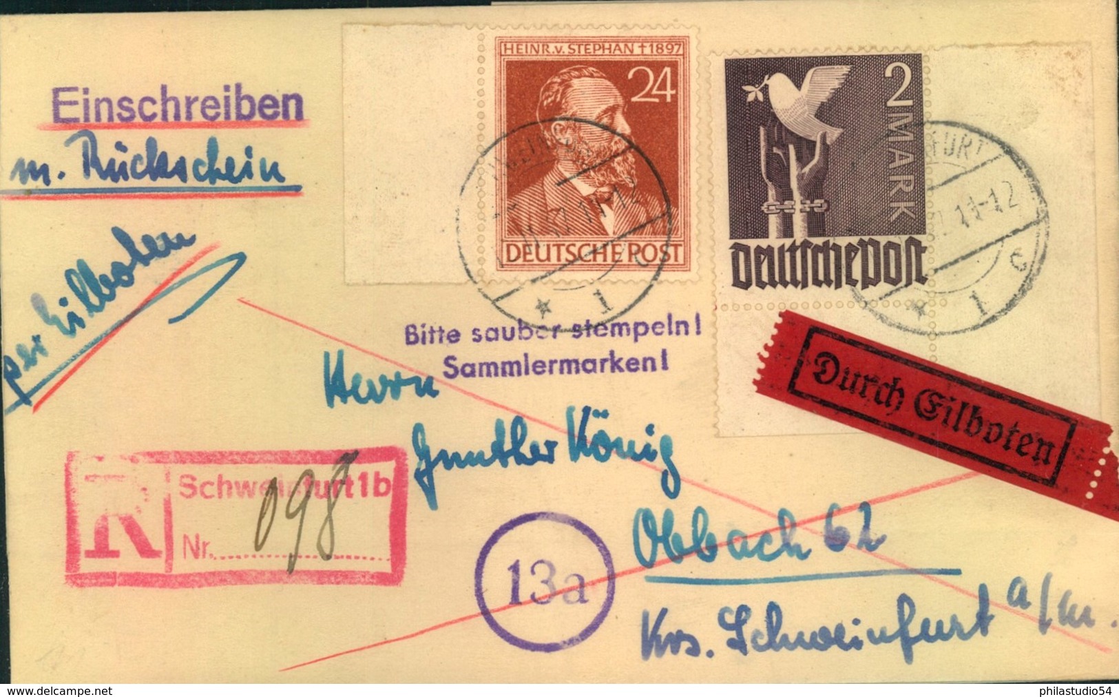 1947: Einschreiben/Eilboten Mit Rückschein Mit Not-R-Stempel "Schweinfurt 1b" - Sonstige & Ohne Zuordnung