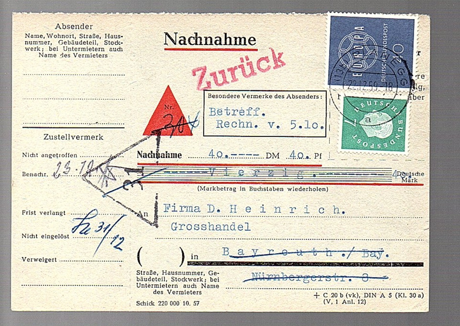 47 Pfennig!!! Europa (NACHNAHME = Rembours) & Zurück 1959 Planegg > Heinrich Bayreuth> RESENT (B7-16) - Lettres & Documents