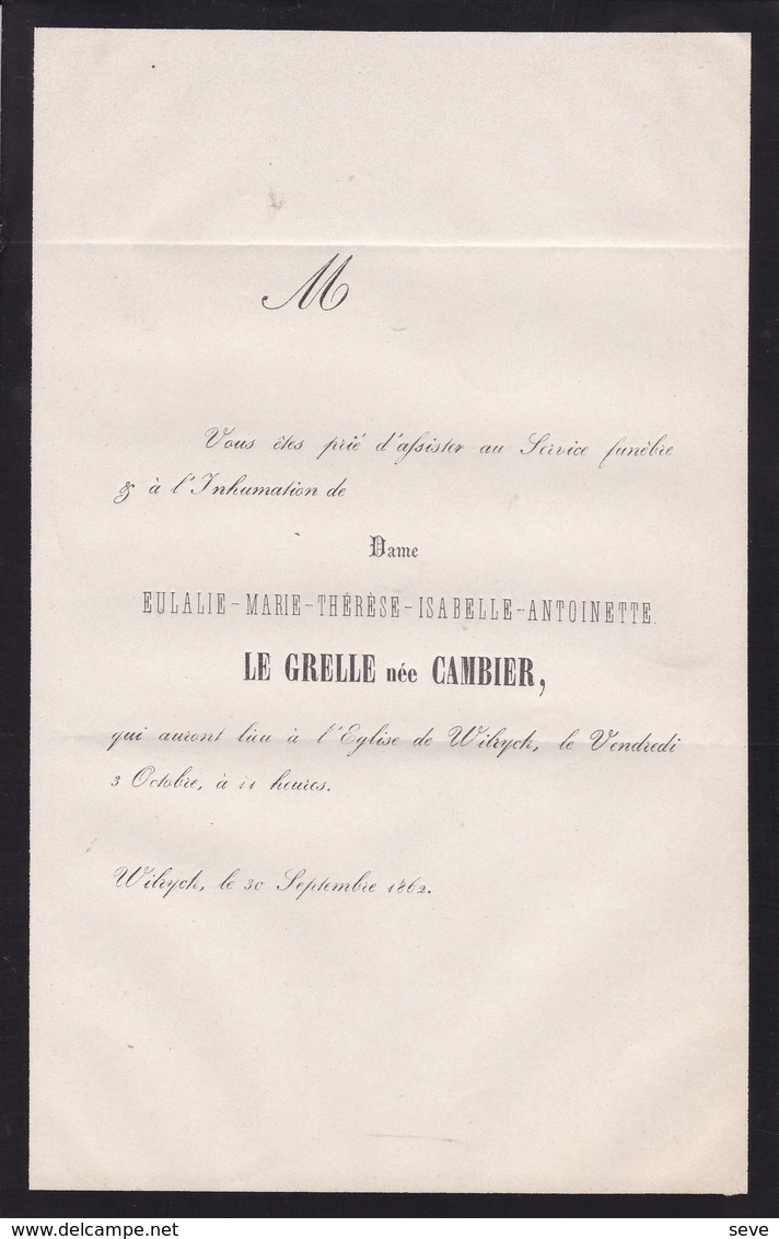 WILRYCK Eulalie CAMBIER épouse LE GRELLE Service Funèbre 1862 Avis A5 - Décès