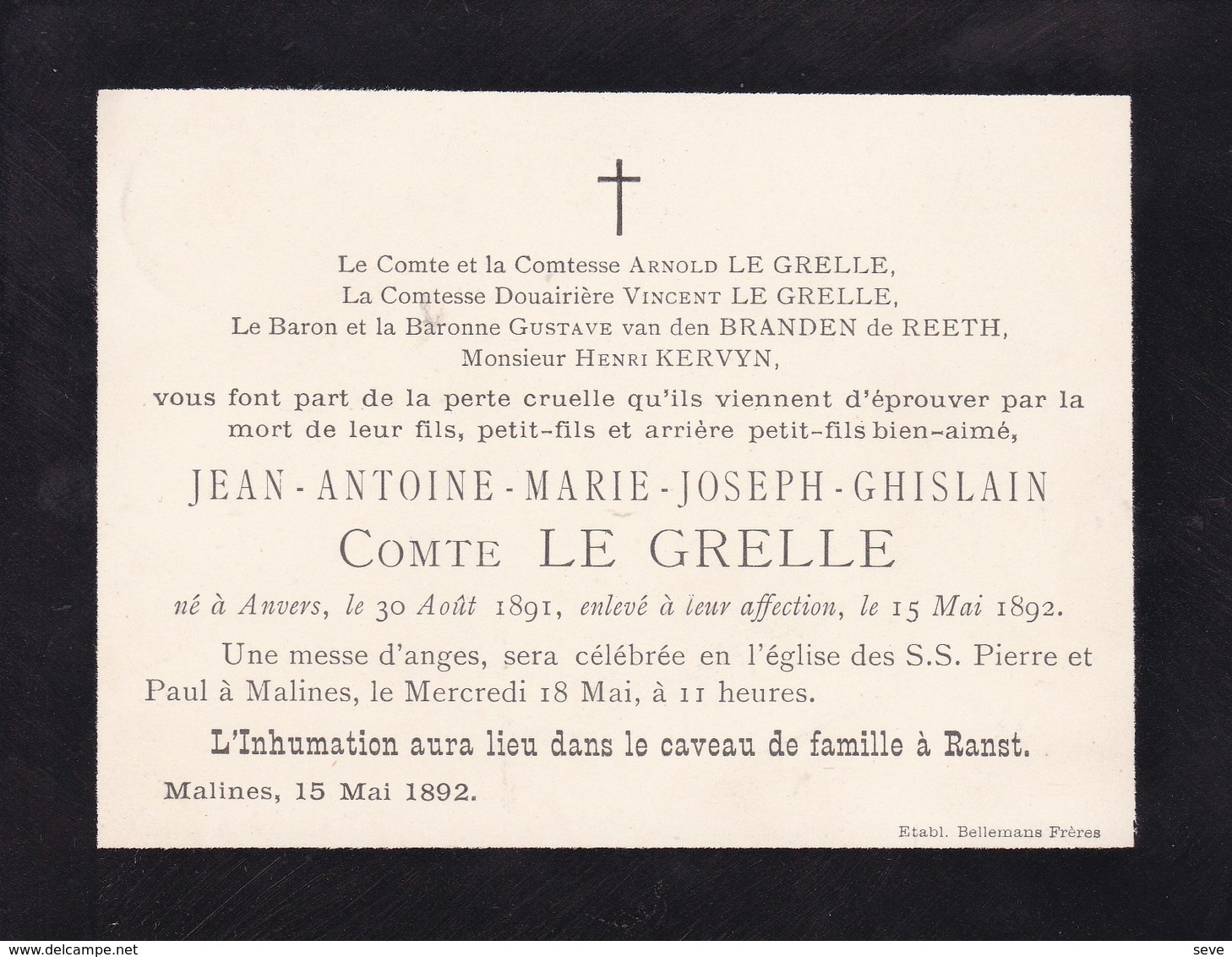 ANVERS RANST Jean-Antoine LE GRELLE 1891-1892 Carton Mortuaire A5 - Obituary Notices