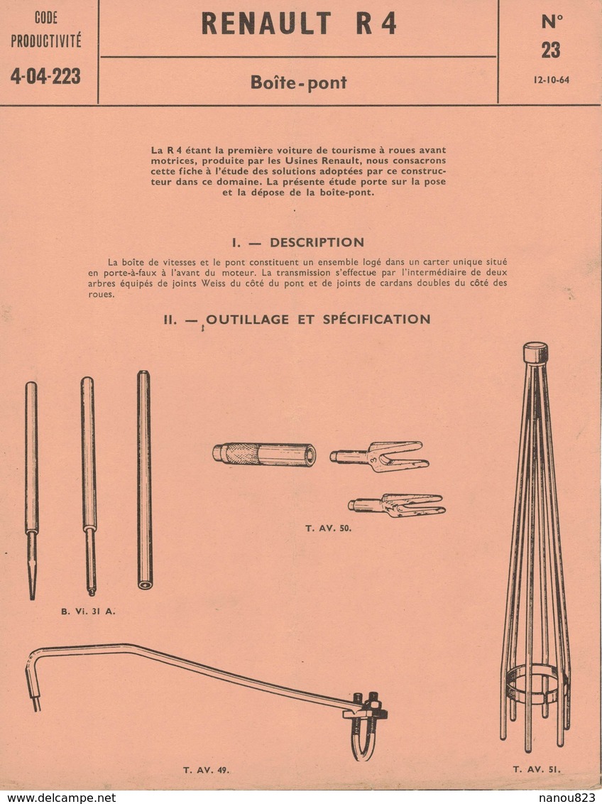 NOTICE SUR LA POSE ET DEPOSE DE LA BOÎTE PONT De La RENAULT R4 - Notice Technique Vieille Voiture Année 1964 - Voitures