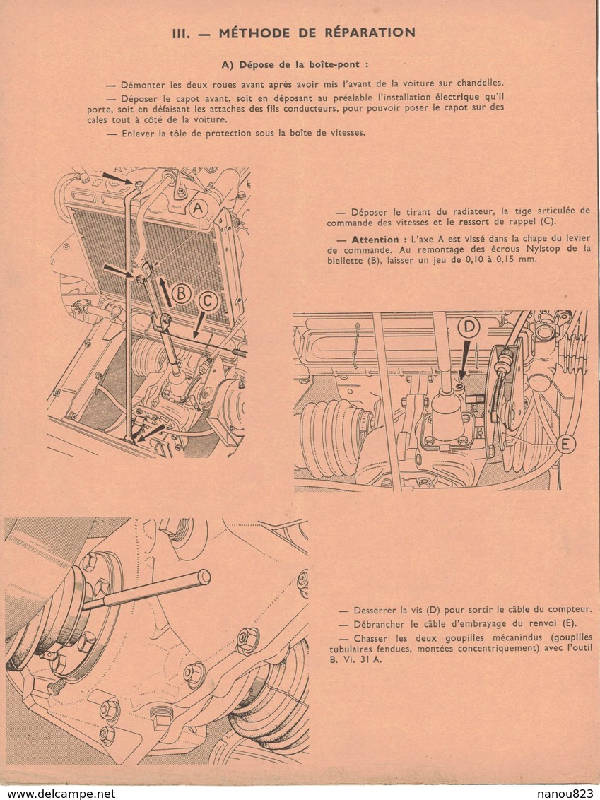 NOTICE SUR LA POSE ET DEPOSE DE LA BOÎTE PONT De La RENAULT R4 - Notice Technique Vieille Voiture Année 1964 - Voitures