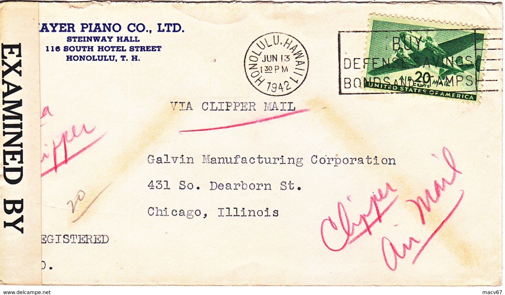 HAWAII  CLIPPER AIR  MAIL  CENSORED  COVER TO  U.S.  1942  PLAYER  PIANO - 2c. 1941-1960 Covers