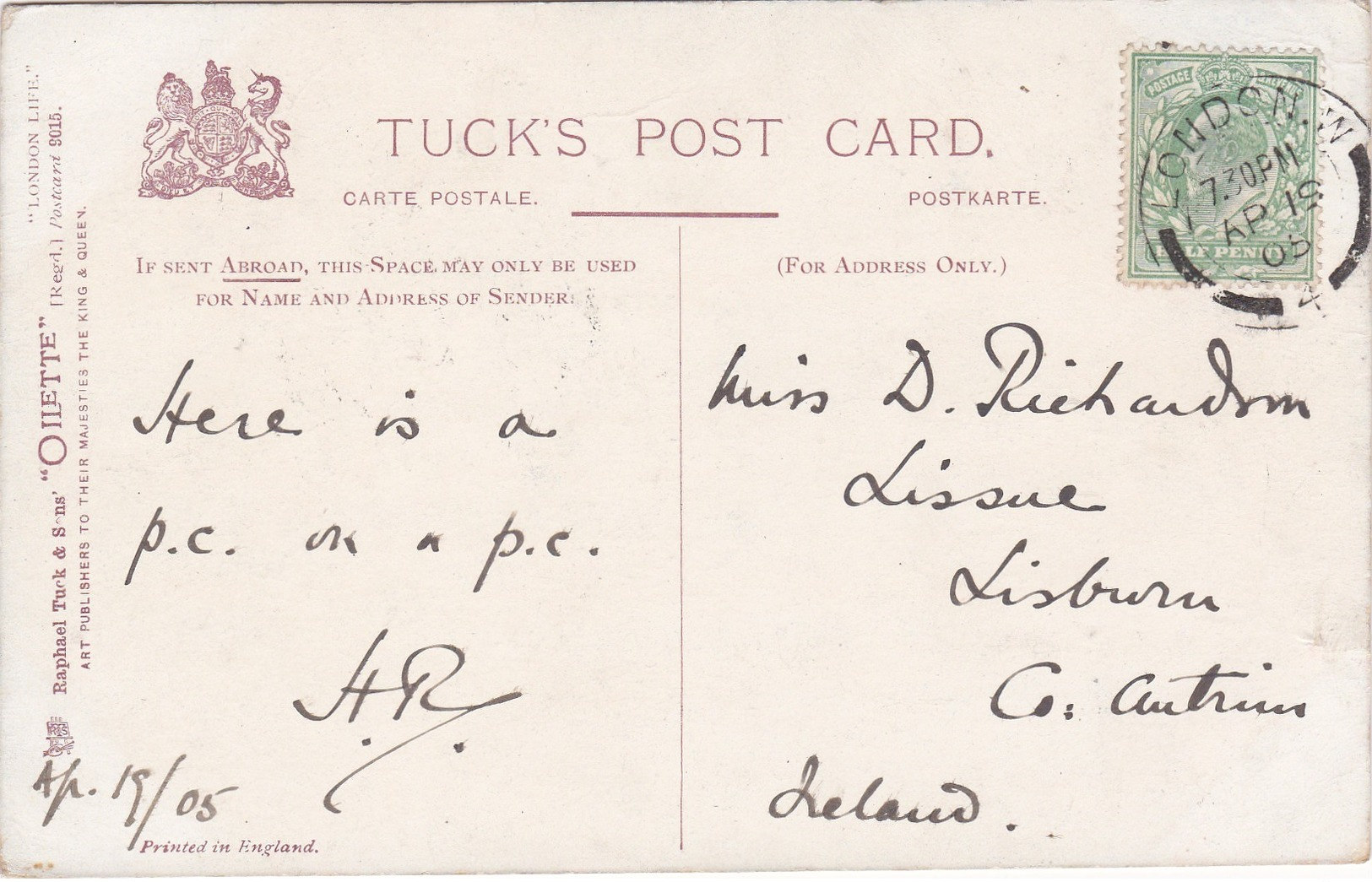 POLICEMAN - CONTROLLING THE TRAFFIC 1905 TUCKS POSTCARD LISBURN - Tuck, Raphael