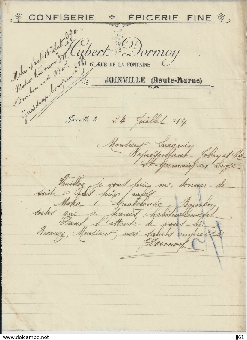 JOINVILLE HUBERT DORMOY CONFISERIE EPICERIE FINE PAPIER FIN ANNEE 1914 - Autres & Non Classés