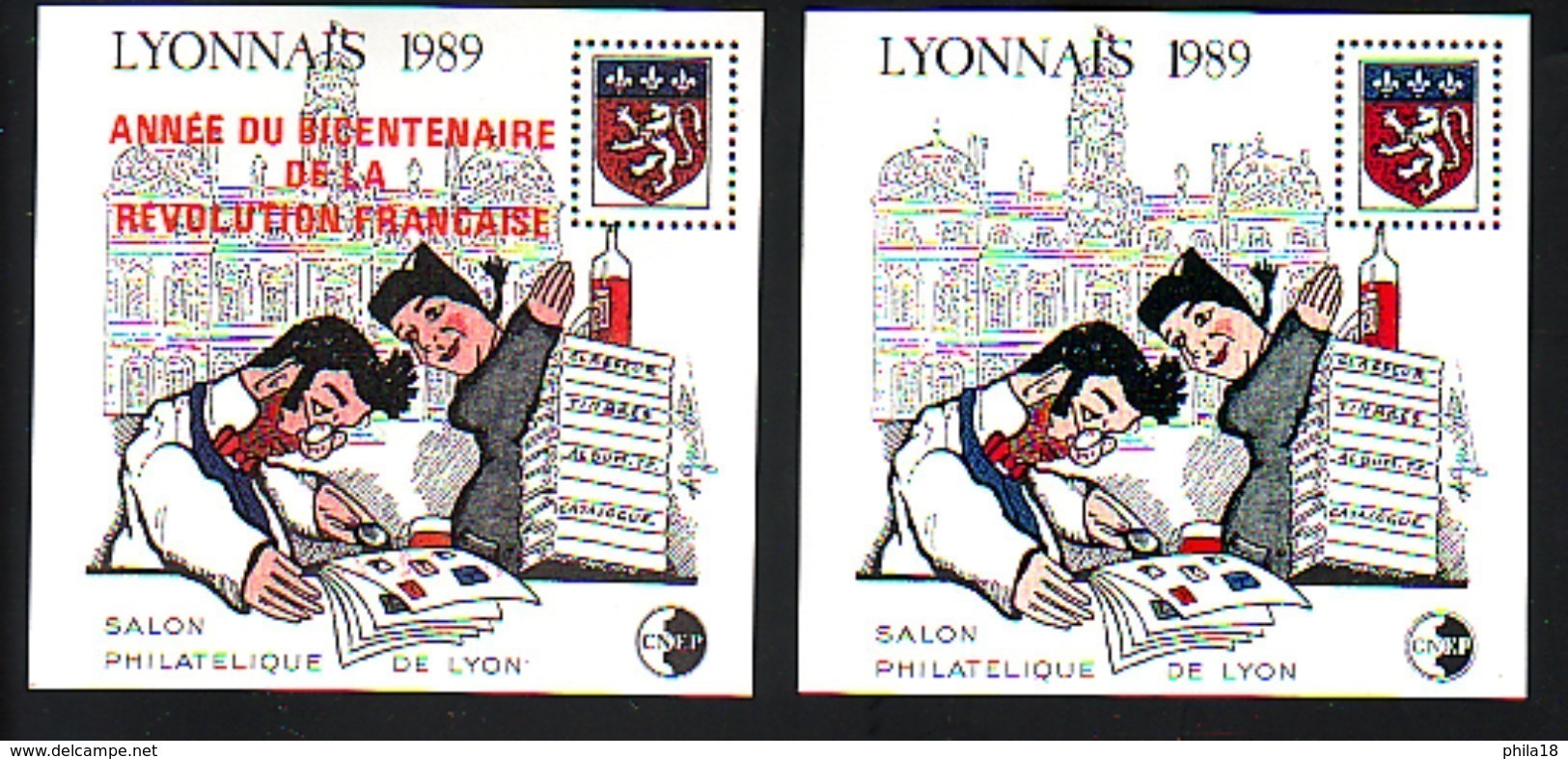 BLOCS CNEP 10 Et 11 SALON PHILATELIQUE LYON 1989 GUIGNOL BLASON  BLOC SURCHARGE ANNEE DU BICENTENAIRE COTE 68.00€ - CNEP