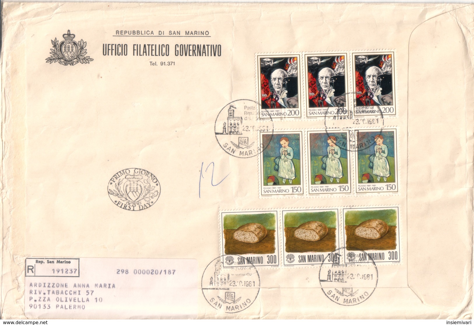 San Marino 1981  - FDC AASFN 100°Pablo Picasso 1°giorn.alim. .RACCOMANDATA First Day Cover. - FDC