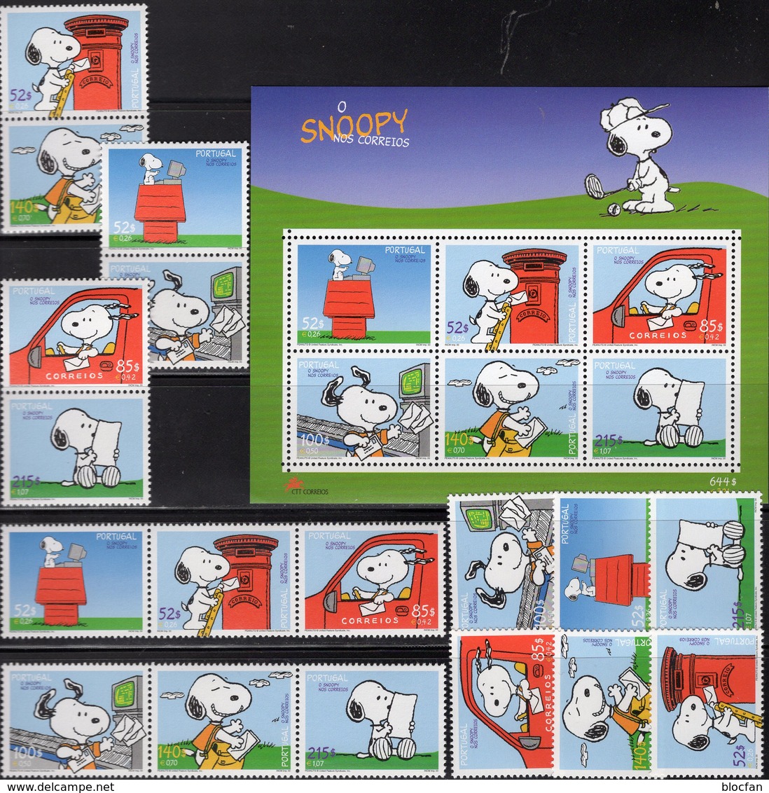 Snoopy 2000 Portugal 2461/6,ZD+Block 165 ** 35€ Postauto Brief Comic Ss Bloc Art Se-tenants Painting Bf Philatelics - Dolls