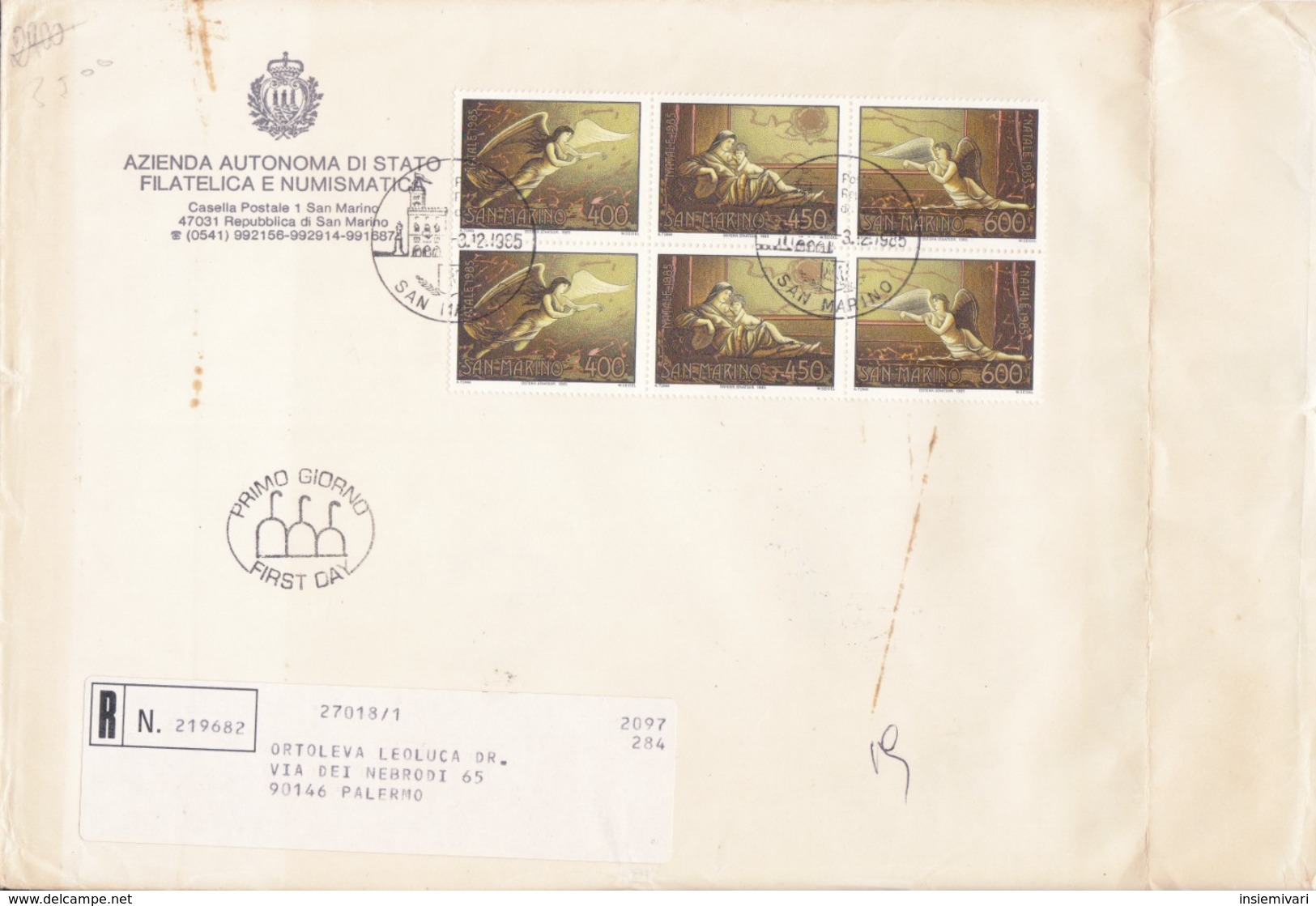 San Marino 1985  - FDC AASFN Natale.RACCOMANDATA First Day Cover. - FDC