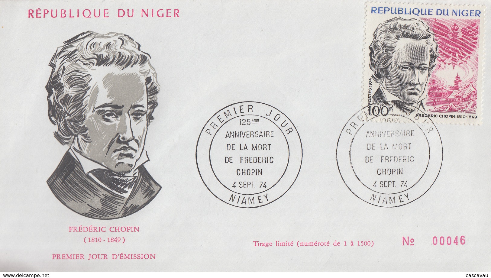 Enveloppe  FDC   1er   Jour   NIGER   125éme  Anniversaire  De  La  Mort  De   Frédéric  CHOPIN   1974 - Musique