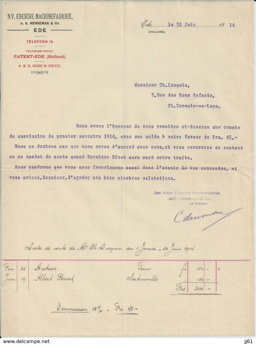 EDE HOLLAND NV EDESCHE MACHINEFABRIEK HENNEMAN ANNEE 1914 PATENT EDE - Pays-Bas