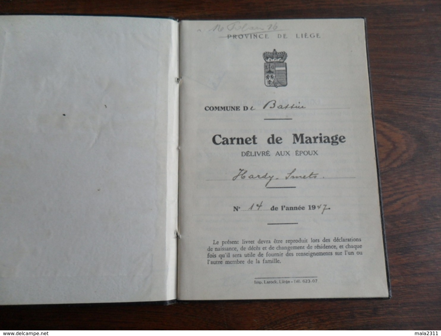 ANCIEN CARNET MARIAGE / COM DE BATTICE  / PROV. LIEGE / EPOUX   HARDY -  SMETS  1947 - Documents Historiques