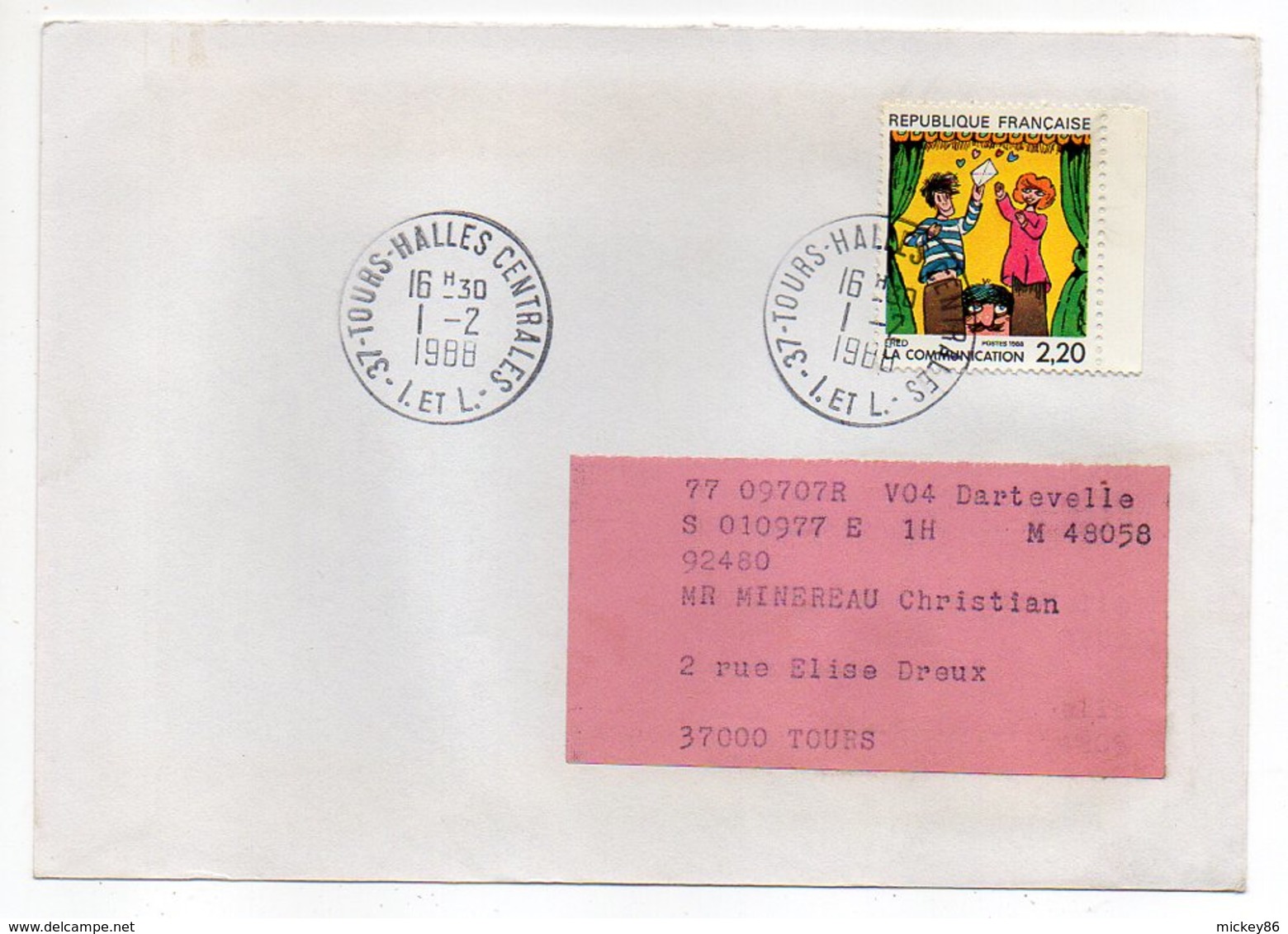 1988--tp De La Bande-"La Communication"-FRED--  N° 2506 Seul Sur Lettre--Beau Cachet TOURS HALLES CENTRALES-37 - 1961-....