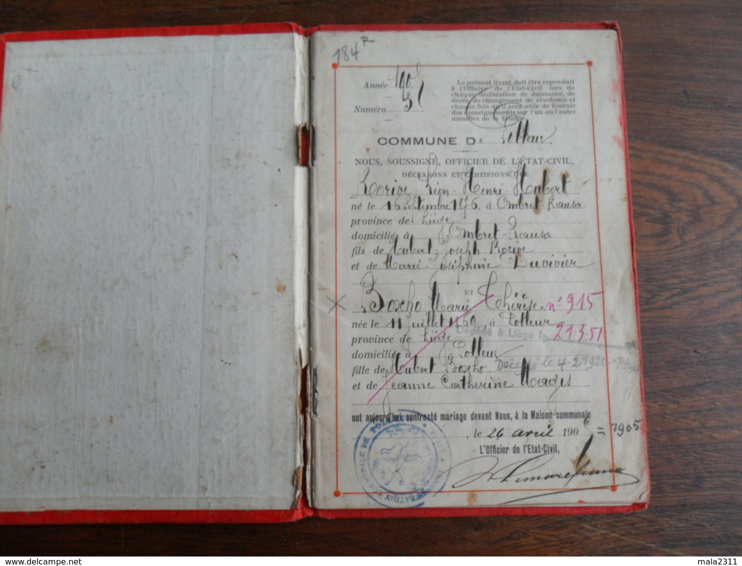 ANCIEN CARNET MARIAGE / COM DE  POLLEUR  / PROV. LIEGE / EPOUX   RORIVE  -  BOSCHO  1905 - Documents Historiques