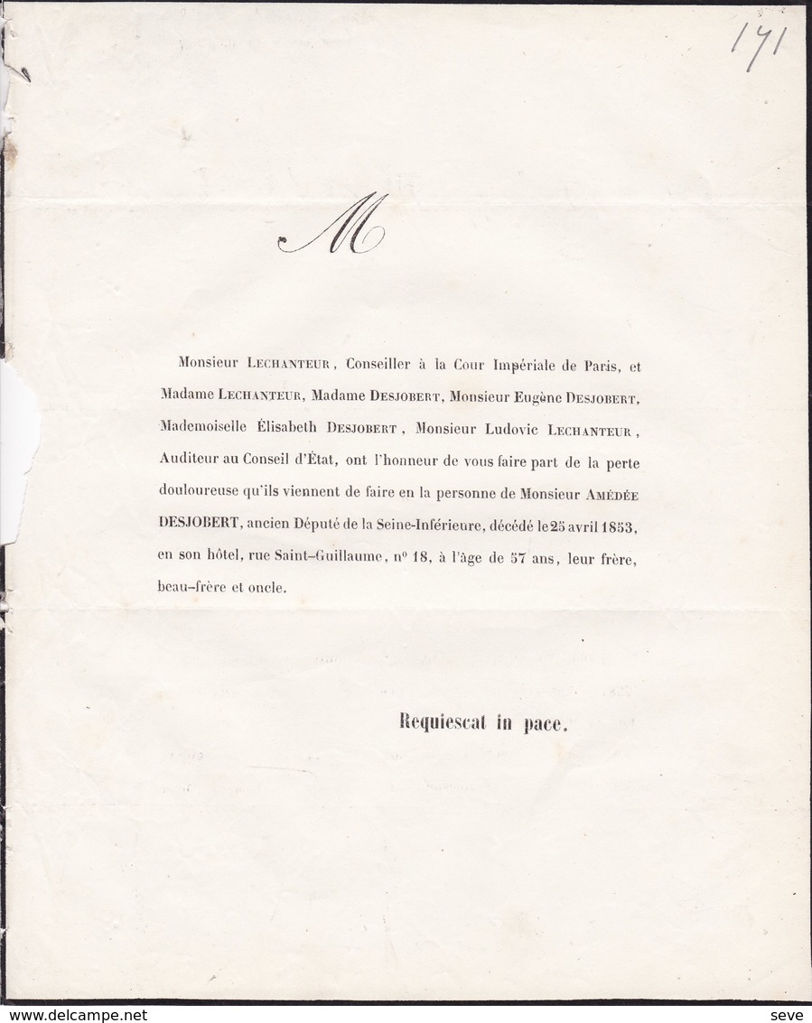 PARIS Ancien Député Seine-Inférieure DESJOBERT Amédée 57 Ans 1853 Famille LECHANTEUR Lettre Mortuaire - Décès