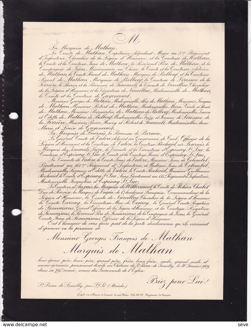 Château De St-Pierre-de-SEMILLY Georges De MATHAN Marquis De MATHAN 1909 79 Ns De GUYENCOURT De BELBEUF - Overlijden