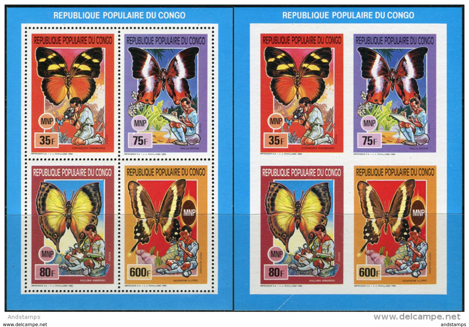 Congo 1991. Michel #1242/45 2 Klb. A+B MNH/Luxe. Butterflies. Scouts. (Ts12/02) - Mint/hinged