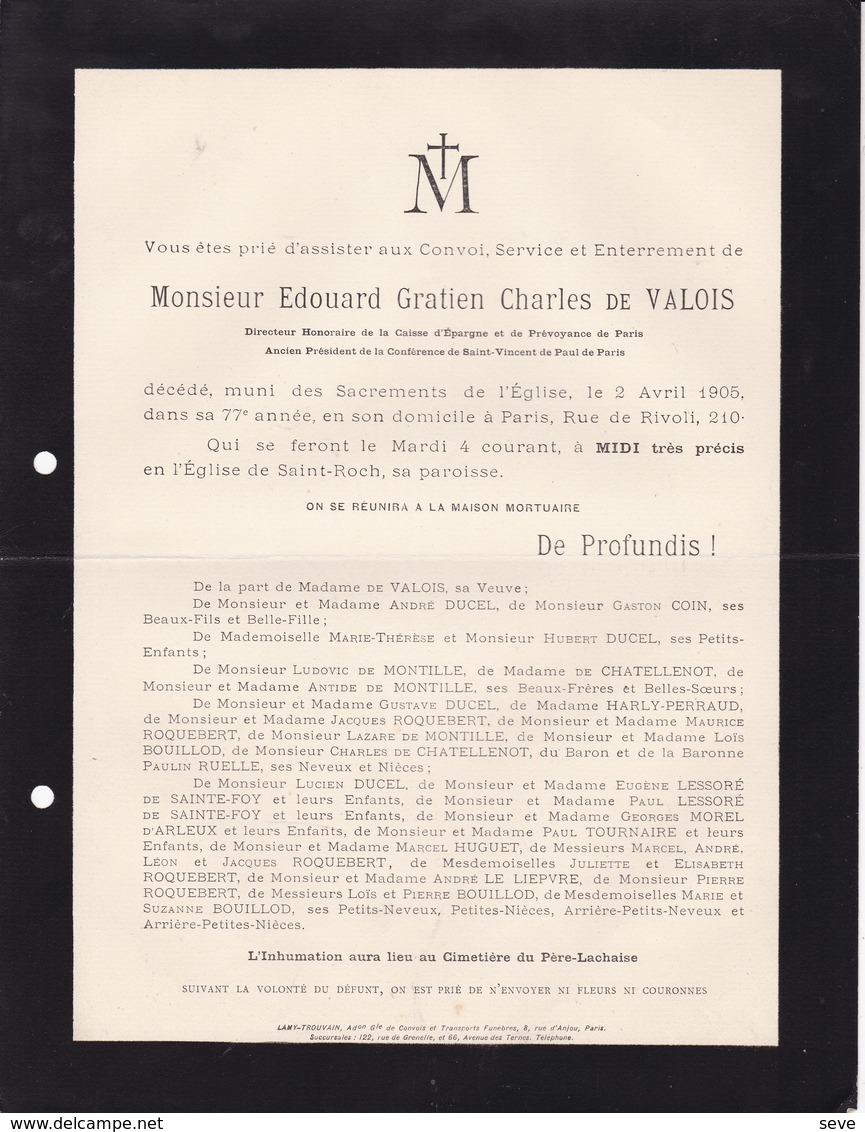 PARIS Edouard De VALOIS 77 Ans 1905 Rue De Rivoli 210 Lettre Mortuaire - Décès