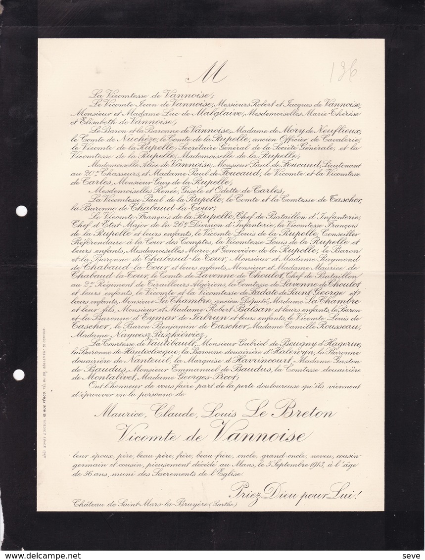 MANS Château De SAINT-MARS-la-BRUYERE SARTHE Maurice Le BRETON Vicomte De VANNOISE 56 Ans 1913 De FOUCAUD - Obituary Notices