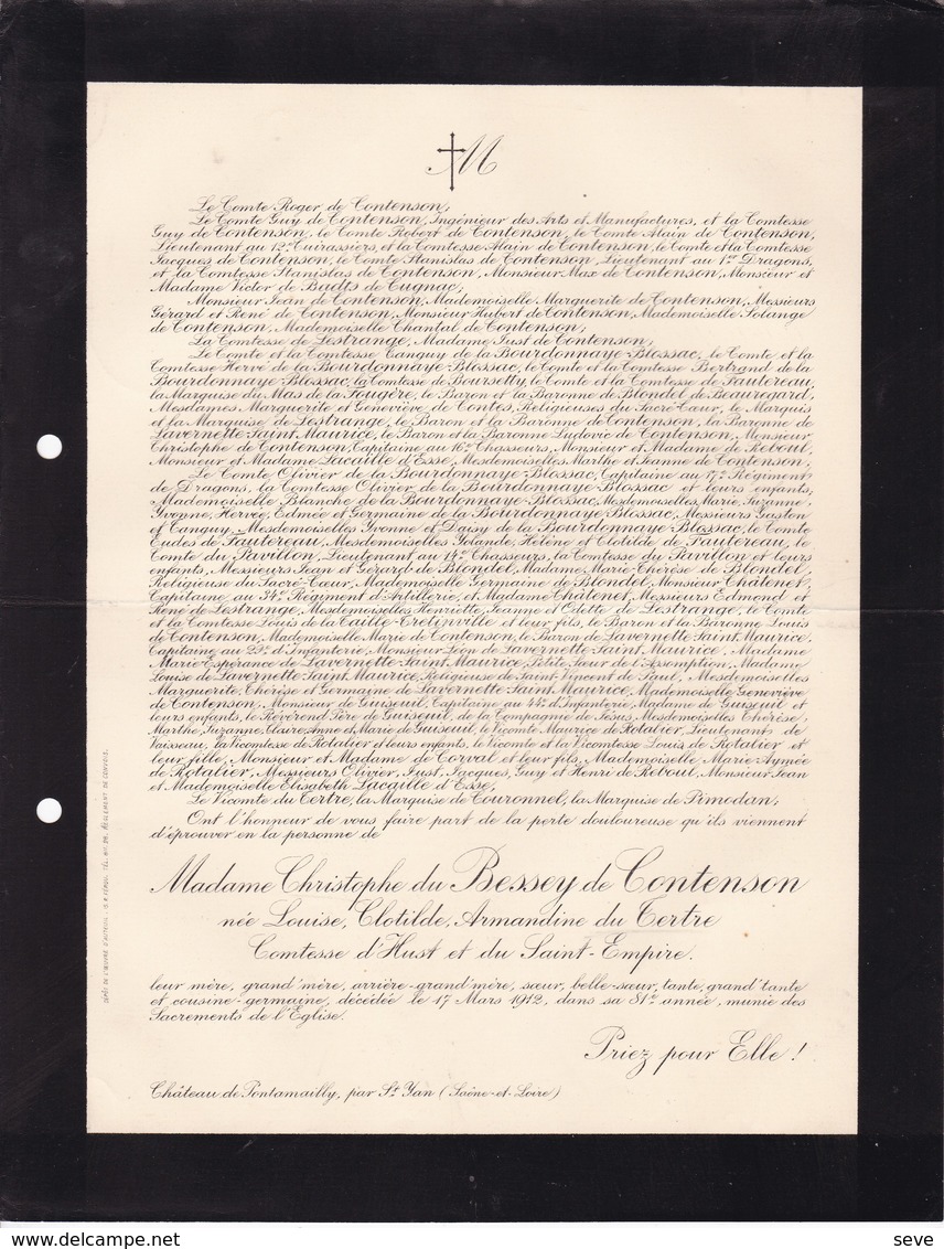 Château De PONTAMAILLY Par St-YAN Louise Du TERTRE Comtesse D'HUST épouse Du BESSEY De CONTENSON 81 Ans 1912 - Décès