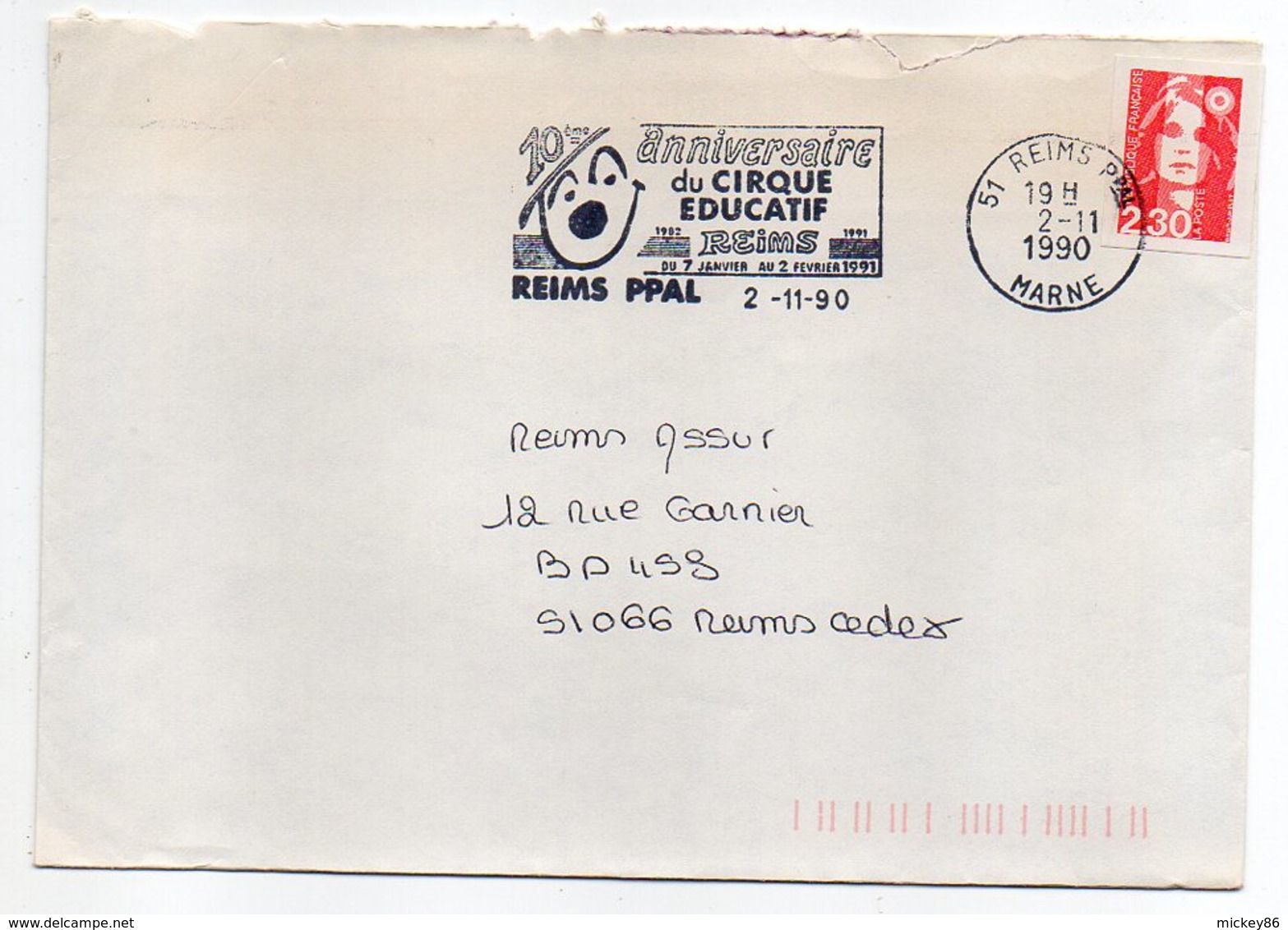 1990--REIMS --flamme Temporaire "10ème Anniv Du Cirque Educatif " (clown)  Sur Lettre - Cachet REIMS Ppal -51 - Oblitérations Mécaniques (flammes)