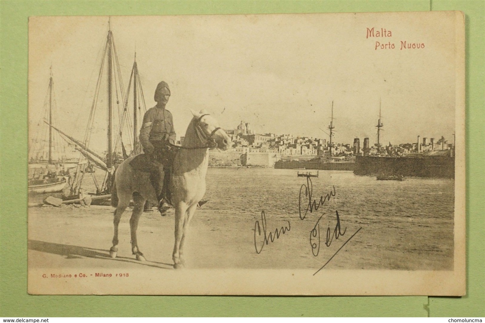 1903 MALTA To London PORTO NUOVO HORSE Military  Militaire à Cheval Dans Le Port POSTCARD Valetta La Valette Cachets - Malte