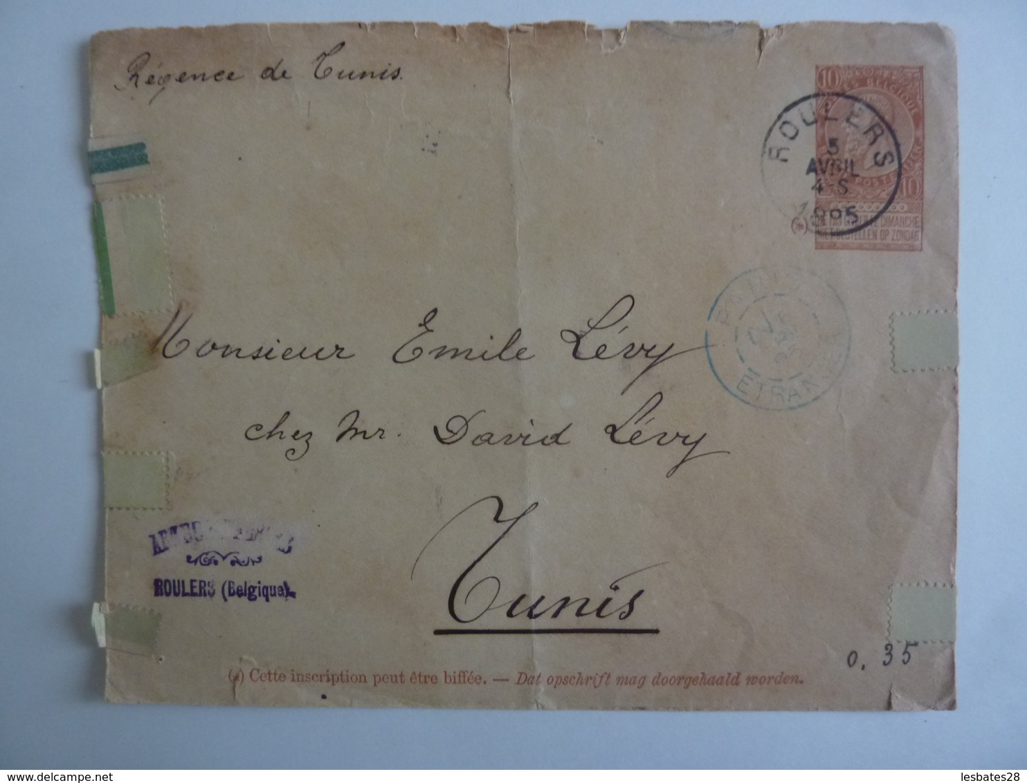 Regence De Tunis Timbre 10 Cachet à Date ROULERS Cachet Ambassade, Cachet Paris ETRANGER 1905 Dec 2018 Alb 5 - 1905 Barba Grossa