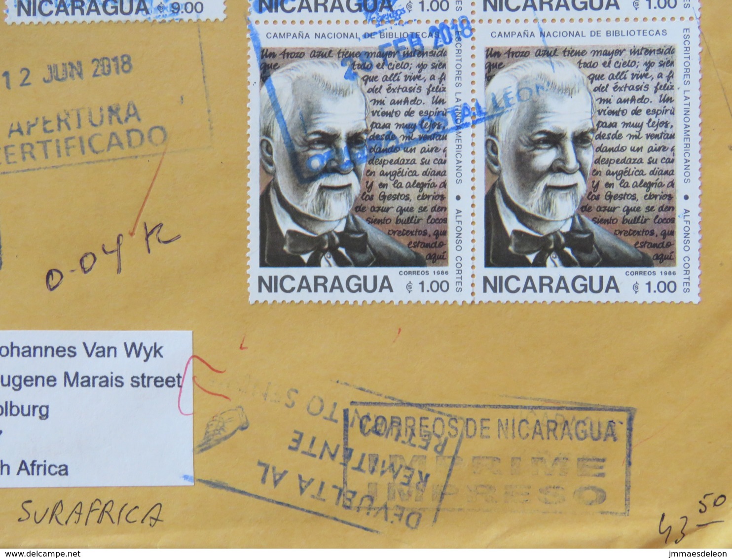 Nicaragua 2018 Cover To South Africa - Returned Bad Adress - Olympic Games - Writers - Dog - General O'Higgins - Nicaragua