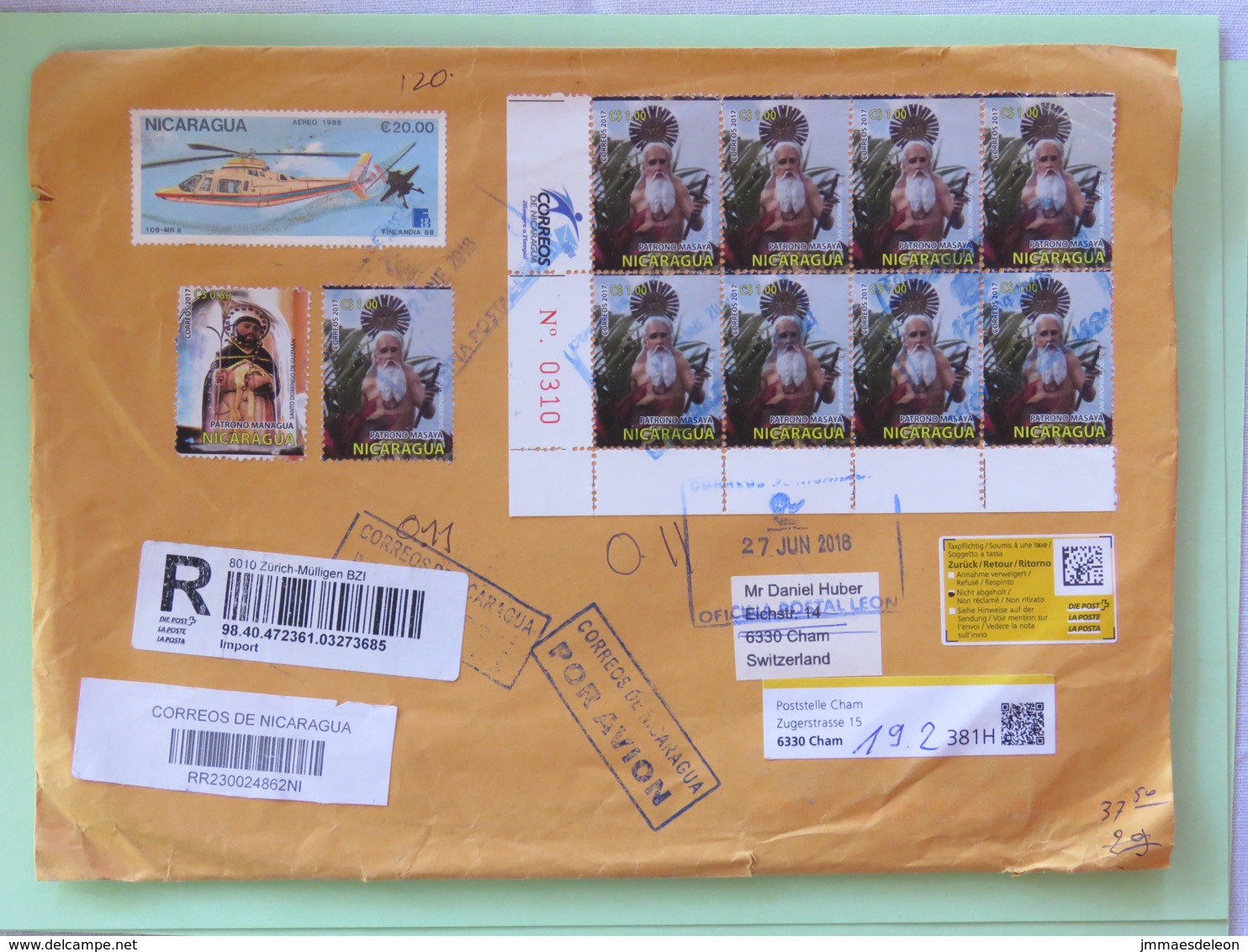 Nicaragua 2018 Cover To Switzerland - Returned Not Claimed - Religious Processions - Helicopter - Flowers - Nicaragua