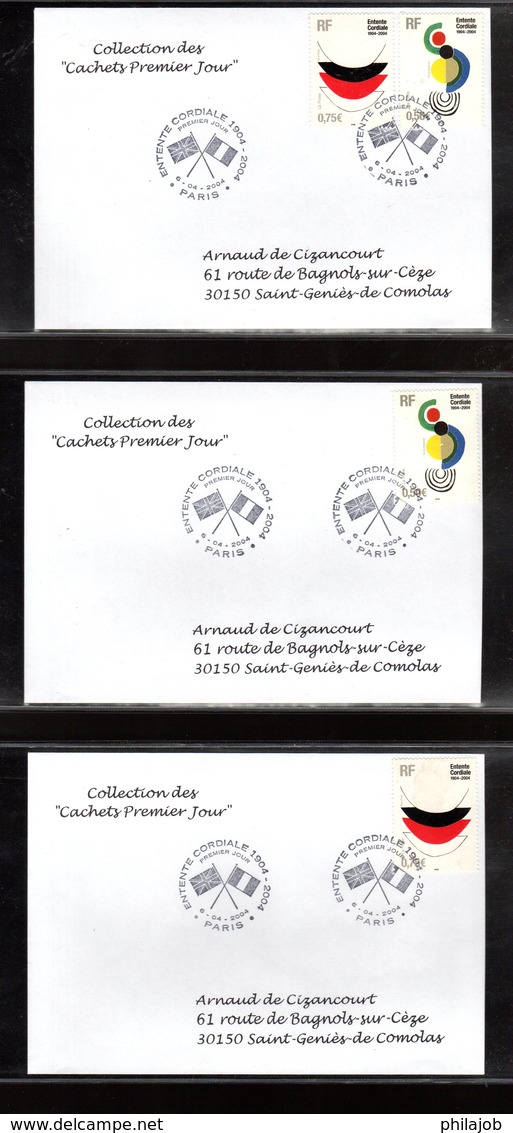 " L'ENTENTE CORDIALE " Sur 3 Enveloppes 1er Jour De 2004 De La Collection " CACHETS PREMIER JOUR " N° YT 3657 à 3658 - Emissions Communes