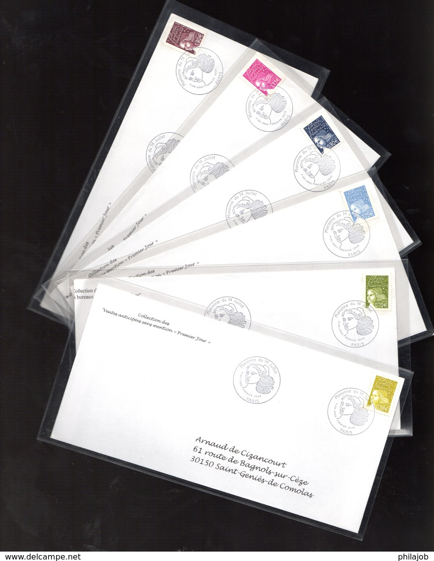 &#9989; " MARIANNE DE LUQUET " Sur 6 Enveloppes 1er Jour De 2003 De La Collection CACHETS PREMIER JOUR N° YT 3570 à 75 - 1997-2004 Marianne (14. Juli)