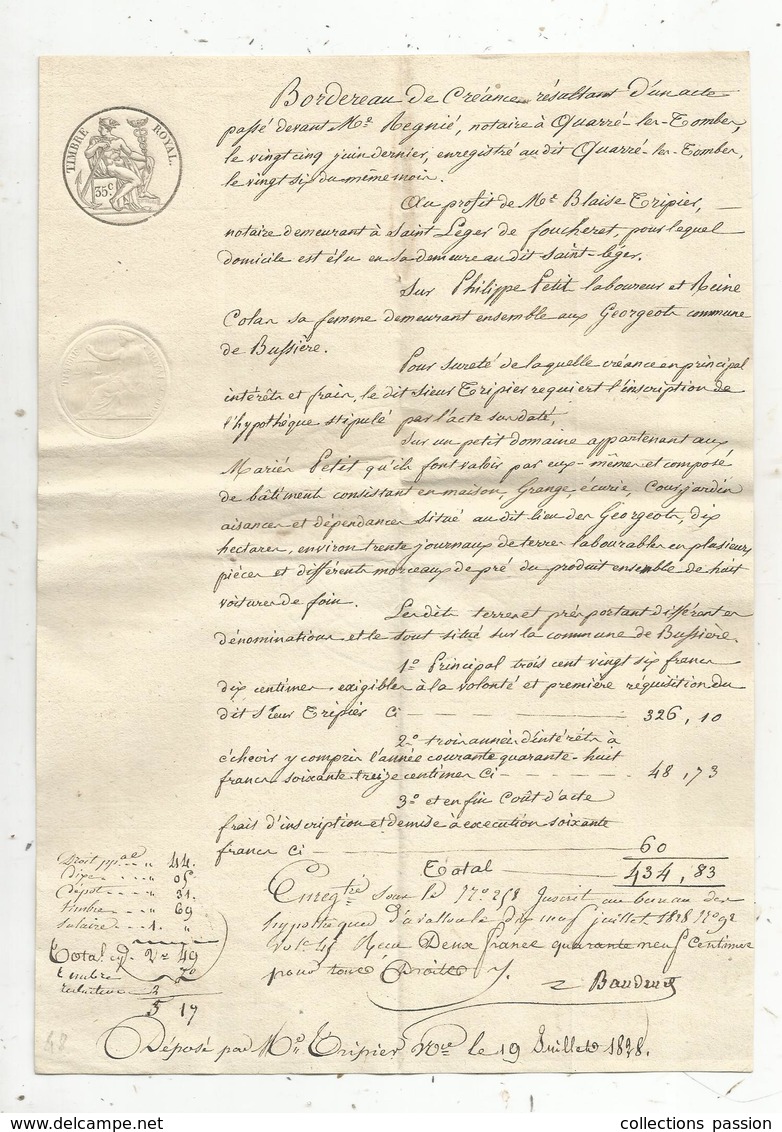 Manuscrit, 1828 ,acte Notarié Royal Avallon, Yonne, Obligation, Quarré Les Tombes,5 Pages,4 Scans, Frais Fr 2.95 E - Manuscrits