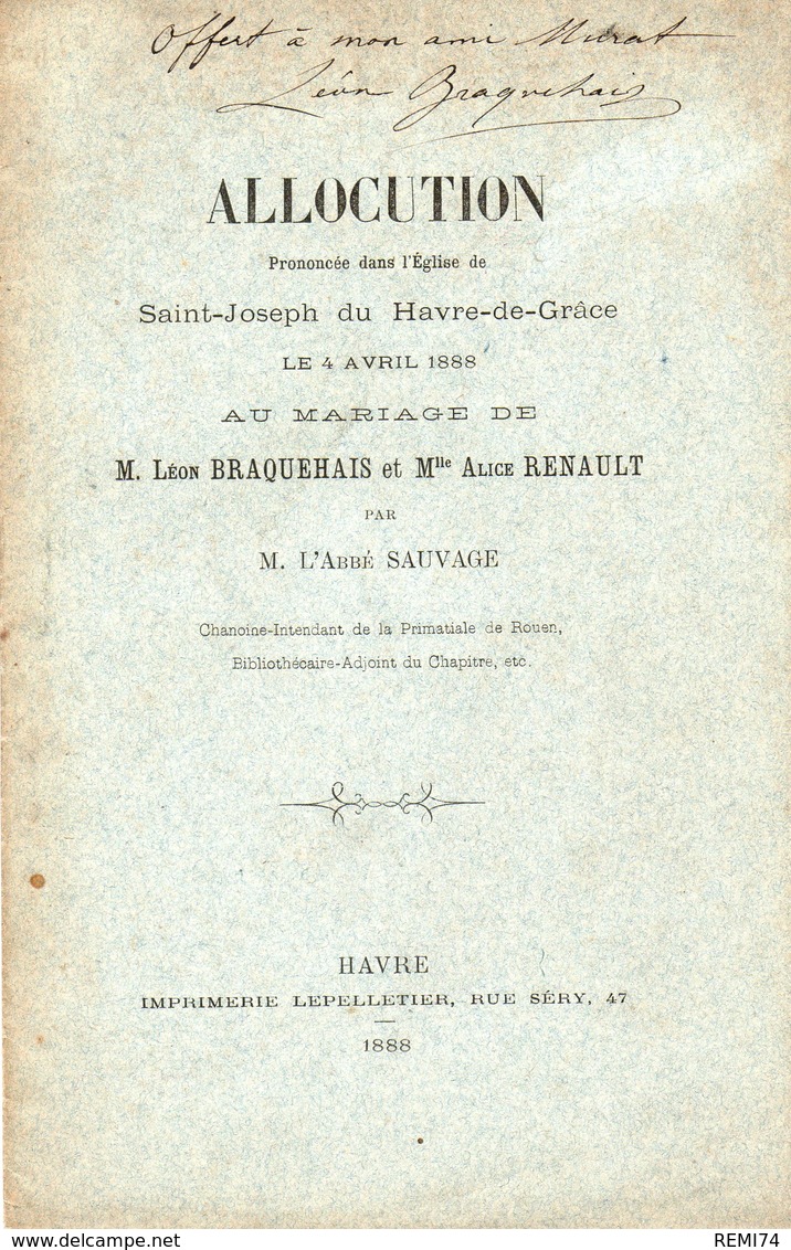 LE HAVRE // Allocution Du Mariage De L BRAQUEHAIS ET A RENAULT // Lot 204 - Normandie