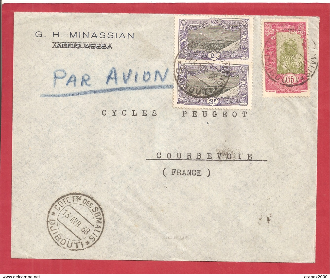 Y&T N°98X2+129 DJIBOUTI    Vers FRANCE  1938 - Lettres & Documents