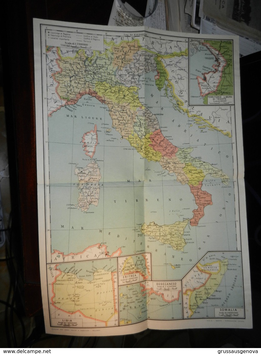 8d) CARTA ITALIA CON TERRITORIO LIBERO TRIESTE LIBIA ERITREA DODECANNESO SOMALIA LIEVI SEGNI D'USO PAGINE CON PICCOLI ST - Carte Geographique