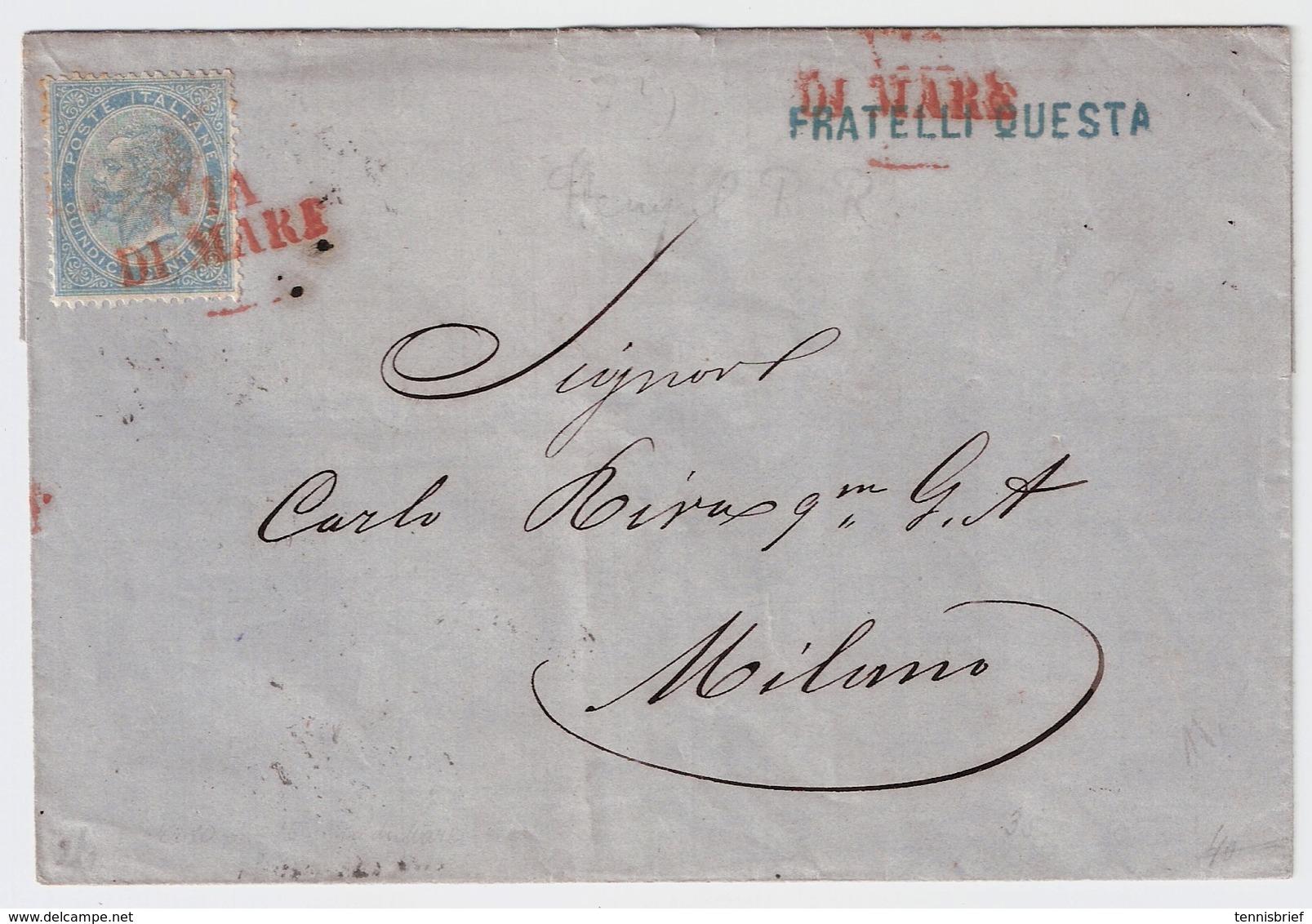 1864, 15 Cent. Red Cancel " VIA Di MARE " , #a1526 - Poststempel