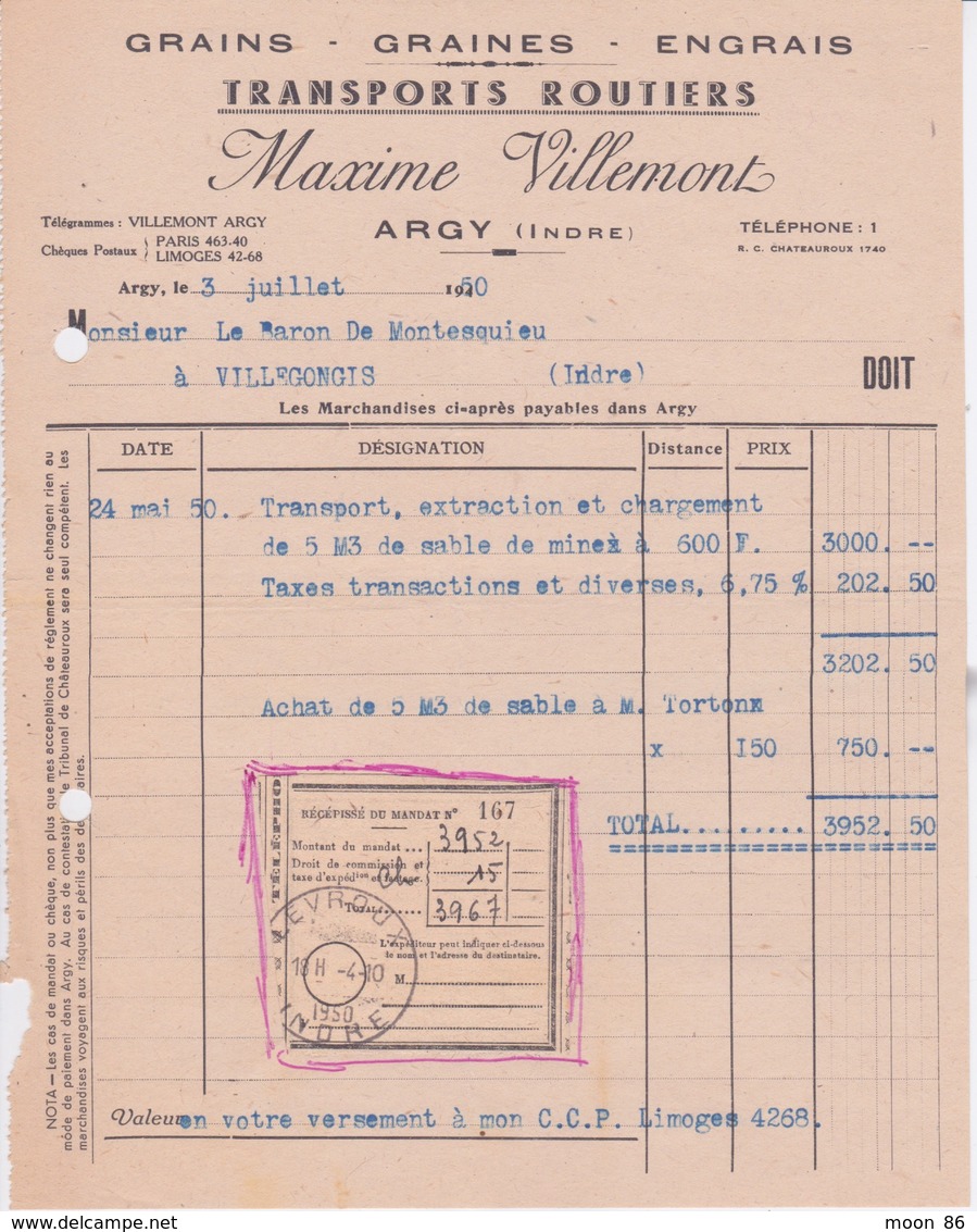 1950 - Facture TRANSPORT ROUTIERS MAXIME VILEMENT A ARGY (INDRE) GRAIN GRAINES ENGRAIS SABLE DE MINE - Transport