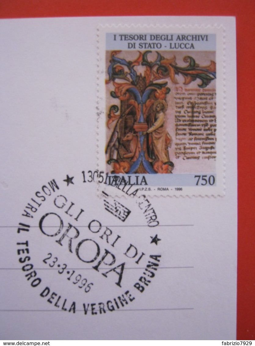 A.02 ITALIA ANNULLO - 1996 BIELLA MOSTRA IL TESORO DELLA VERGINE BRUNA OROPA MADONNA MARIA GOLD ORO ORI LILT TUMORI - Cristianesimo