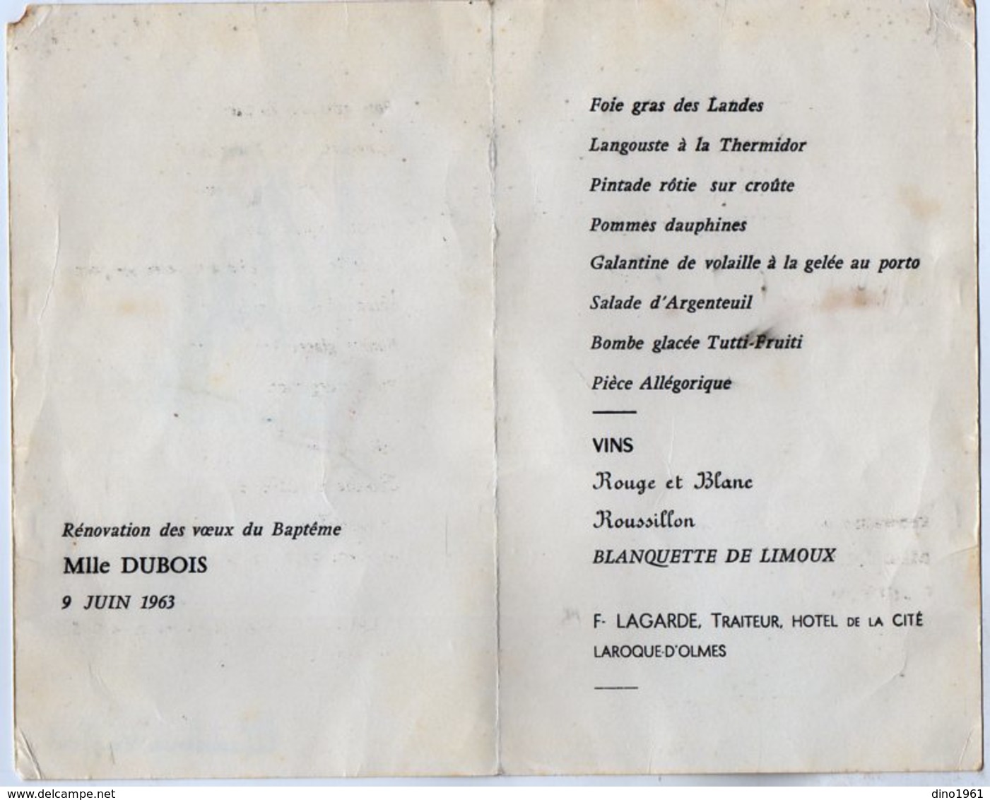 VP13.595 - 1963 - Menu - F. LAGARDE , Traiteur , Hotel De La Cité à LAROQUE D'OLMES - Menus