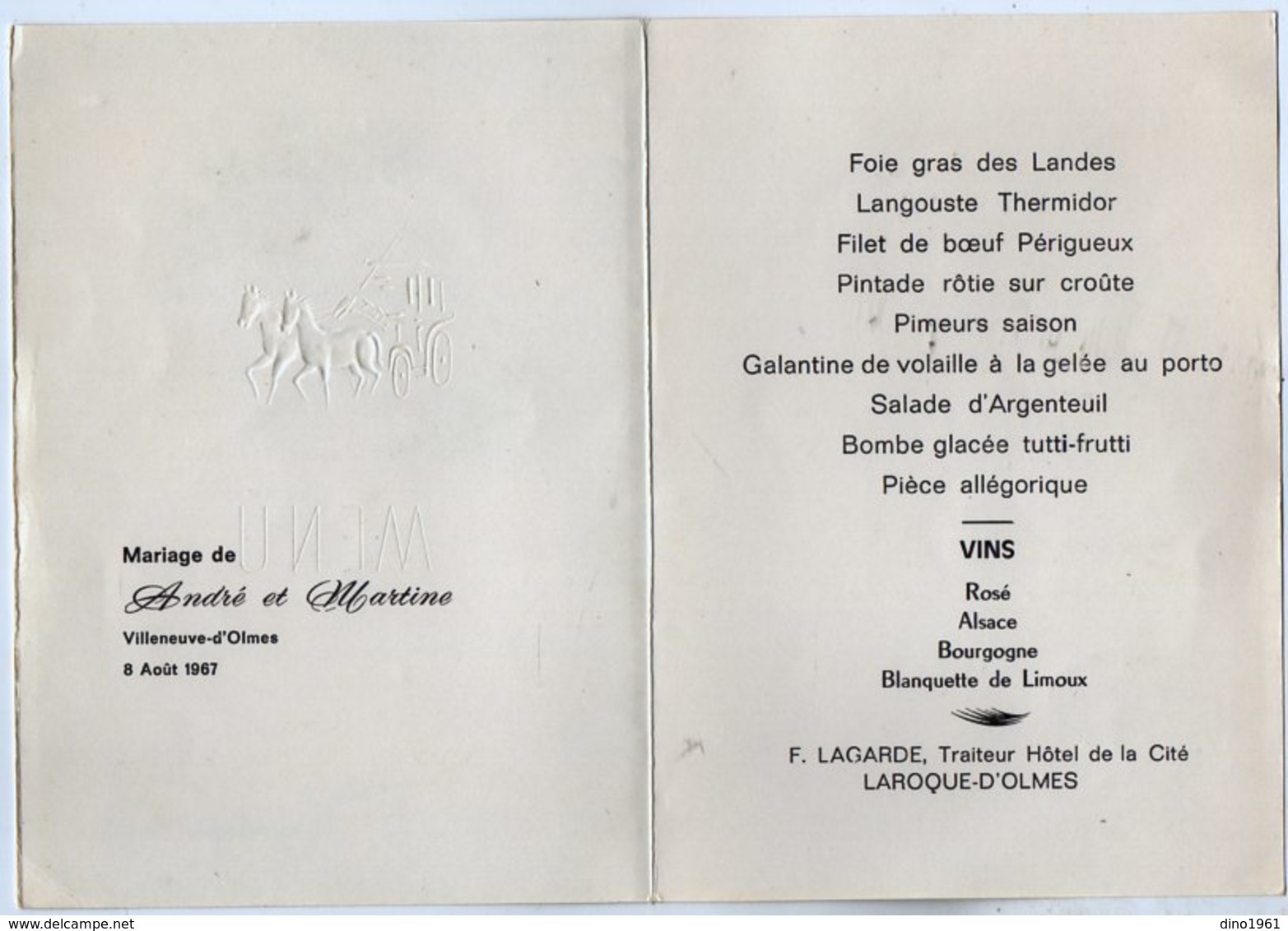 VP13.596 - VILLENEUVE D'OLMES 1967 - Menu - F. LAGARDE , Traiteur , Hotel De La Cité à LAROQUE D'OLMES - Menus