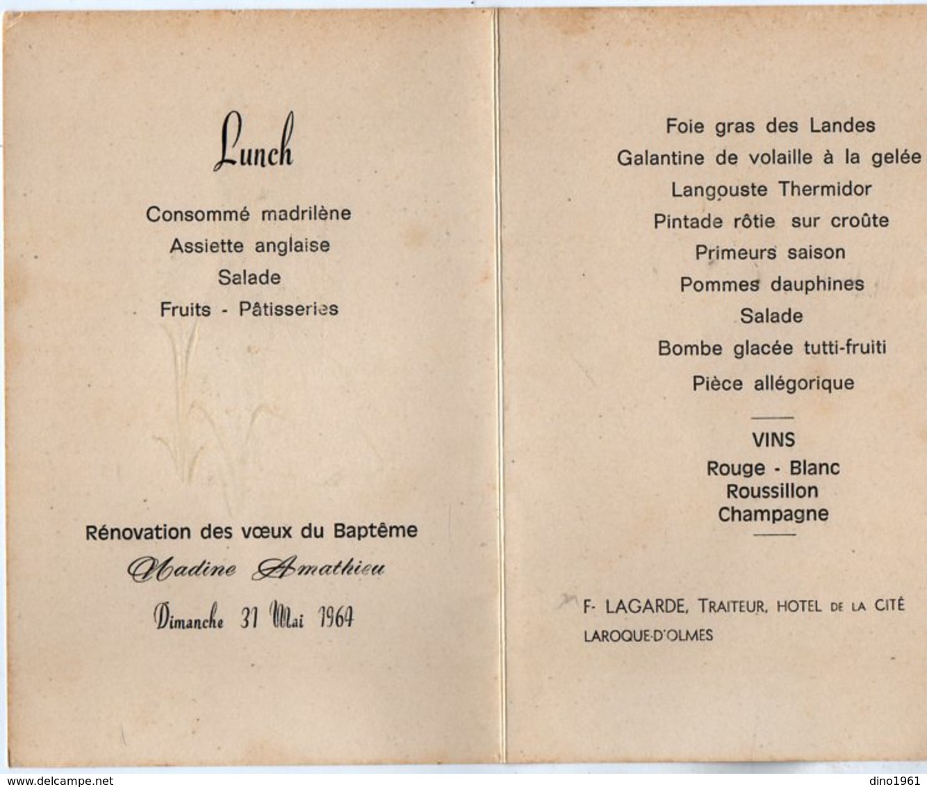 VP13.598 - 1964 - Menu - F. LAGARDE , Traiteur , Hotel De La Cité à LAROQUE D'OLMES - Menus