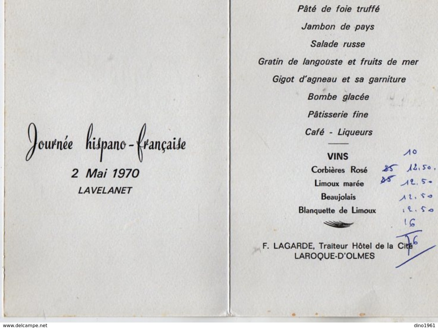 VP13.599 - LAVELANET 1970 - Journée Hispano - Française - Menu - F. LAGARDE,Traiteur, Hotel De La Cité à LAROQUE D'OLMES - Menus