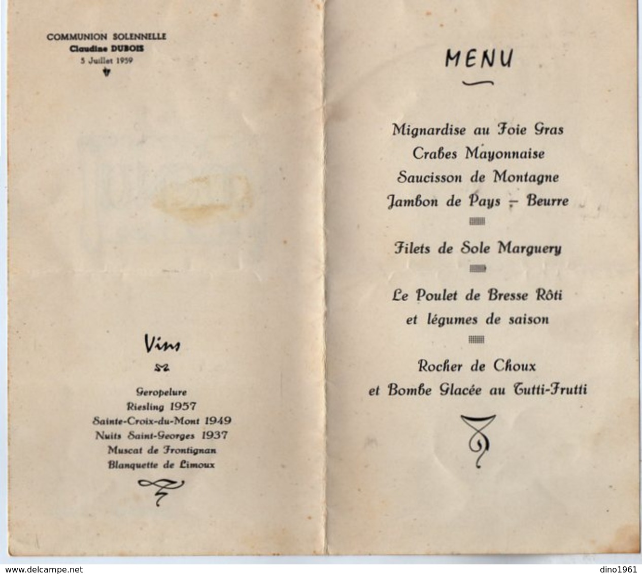 VP13.600 - 1959 - Menu - Communion Solennelle Claudine DUBOIS - Menu