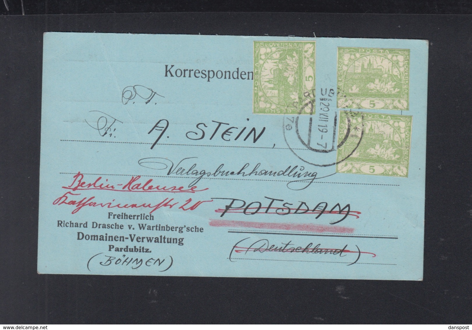 Tschechoslowakei PK 1919 Pardubitz Nach Potsdam - Briefe U. Dokumente