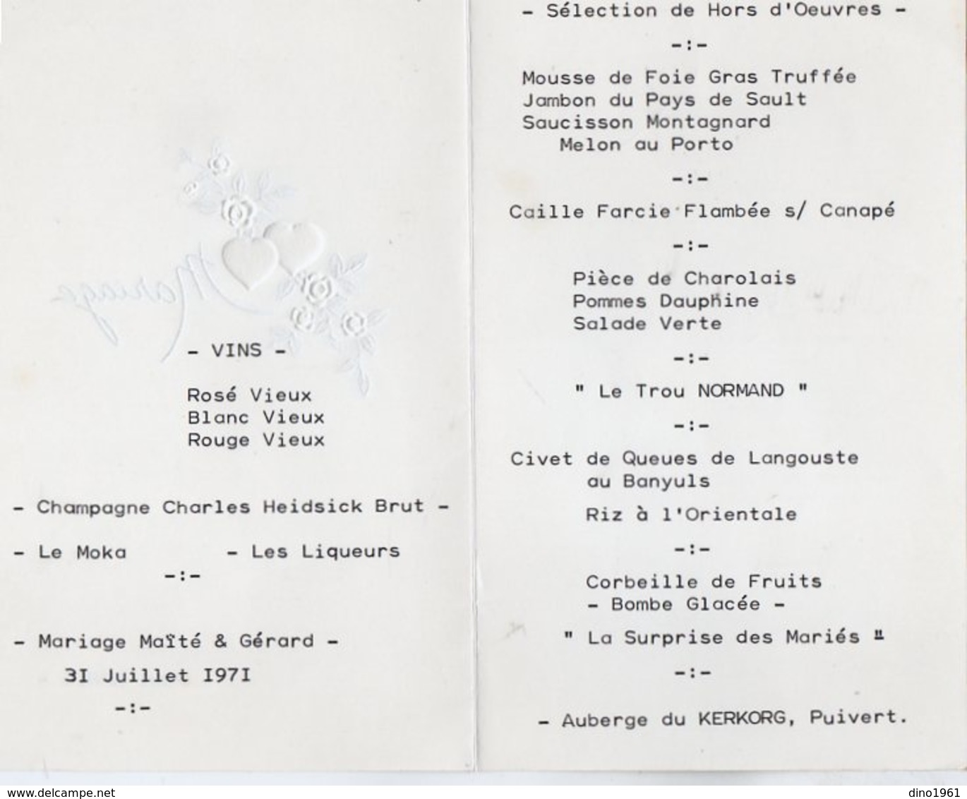 VP13.602 - 1971 - Menu - Auberge Du Kerkorg à PUIVERT - Menu