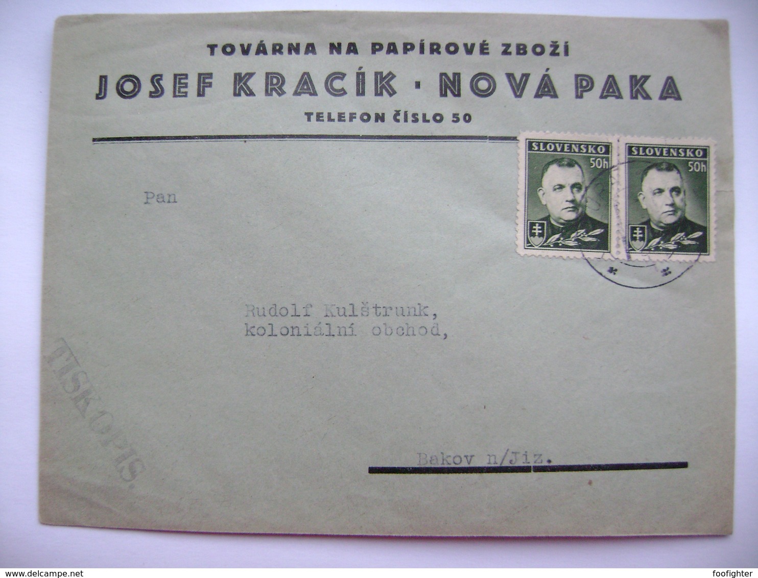 Slovakia Cover Ca 1939 - Bakov N. Jizerou, Protektorat Bohemia & Moravia - Pres. Tiso 50 H. Band Of Twoo - Lettres & Documents