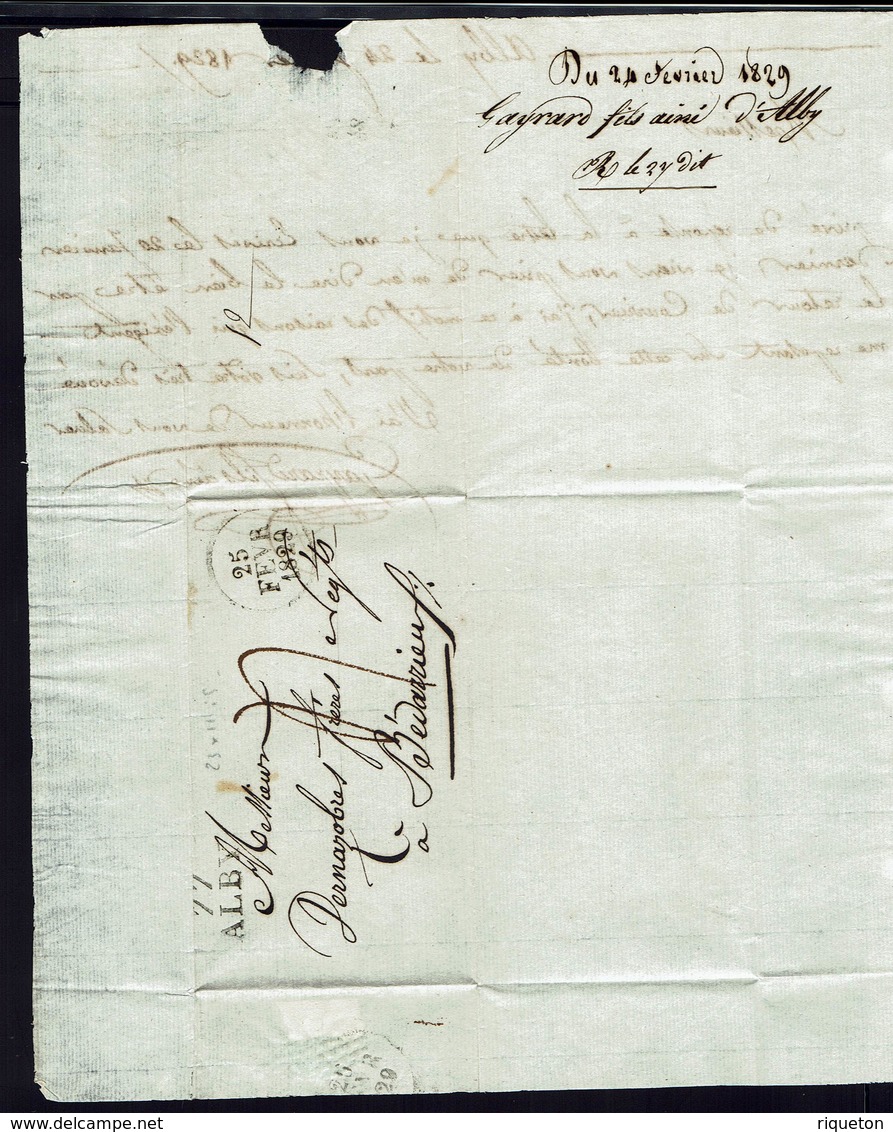 FR - Marque Postale "77 ALBY" Lettre Du 25 Février 1829 Pour Bédarrieux, Port Dû, Taxe Manuscrite 4 Décimes - TB - - 1801-1848: Precursori XIX